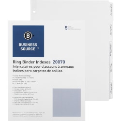 Business Source 3-Ring Plain Tab Indexes - 5 Write-on Tab(s)2" Tab- 8.5" Dividerx 11" Divider - Letter - 3 Hole Punched - White Divider - 100 / Box