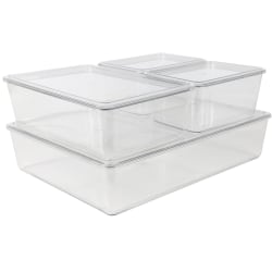 Martha Stewart Brody Stackable Plastic Storage Boxes With Lids, 3-1/4"H x 14"W x 10-1/2"D, Clear, Set Of 4 Boxes