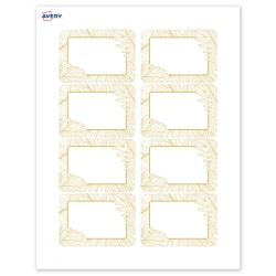 Avery® Printable Adhesive Name Badges/Preprinted Designs, Rectangle, S00-EW8, 2-1/3" x 3-3/8", Matte White/Gold Monstera Leaves, Pack Of 80
