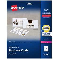 Avery® Printable Business Cards With Sure Feed® Technology For Laser Printers, 2" x 3.5", White, 250 Blank Cards