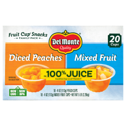 Del Monte Plastic Fruit Cup Variety Pack, Mixed Fruit And Diced Peaches, 4 Oz, Pack Of 20 Cups