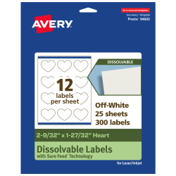 Avery® Print-to-the-Edge Dissolvable Labels With Sure Feed® Technology, 94603-DWMP25, Heart, 2-9/32"x1-27/32", Matte Off-White, Pack Of 300