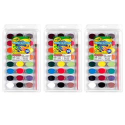 Crayola Semi-Moist Washable Watercolor Sets with Pan and Plastic Handled Brush, Disposable, Assorted Colors, Pack Of 3 Sets