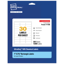 Avery® Ultra Duty® Permanent GHS Chemical Labels, 97180-WMU500, Rectangle, 1" x 2-5/8", White, Pack Of 15,000