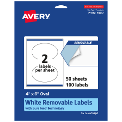 Avery® Removable Labels With Sure Feed®, 94057-RMP50, Oval, 4" x 6", White, Pack Of 100 Labels