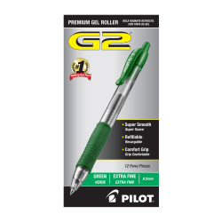 Pilot® G-2® Retractable Gel Pens, Extra Fine Point, 0.5 mm, Clear Barrels, Green Ink, Pack Of 12