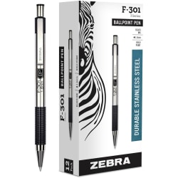 Zebra® Pen F-301 Stainless Steel Retractable Ballpoint Pens, Pack Of 12, Bold Point, 1.6 mm, Silver Barrel, Black Ink