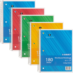 Sparco® Wirebound Notebooks, 8" x 10 1/2", College Ruled, 180 Sheets, Assorted Colors, Pack Of 5