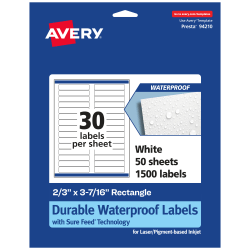 Avery® Waterproof Permanent Labels With Sure Feed®, 94210-WMF50, Rectangle, 2/3" x 3-7/16", White, Pack Of 1,500