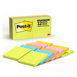 Post-it® Sticky Notes, 3 x 3 in, 12 Sticky Note Pads, 100 Sheets/Pad, School Supplies and Office Products, Assorted Colors