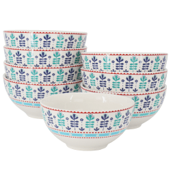Gibson Home Village Vines Floral 8-Piece Fine Ceramic Bowl Set, 6", White/Multicolor Blue