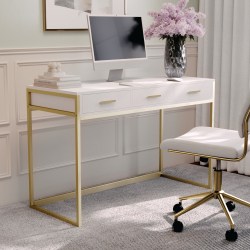 Martha Stewart Ollie 47-1/4"W Home Office Computer Desk With 3 Drawers, White/Polished Brass