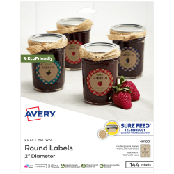 Avery® Print-To-The-Edge Easy Peel Round Labels® With Sure Feed® Technology, 40105, 2" Diameter, Kraft Brown, Pack Of 144