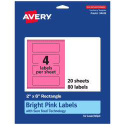 Avery® Print-To-The-Edge Labels With Sure Feed® Technology And Easy Peel® Label Feature, 94242-BPP20, Rectangle, 2" x 6", Matte Bright Pink, Pack of 80
