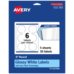 Avery® Glossy Permanent Labels With Sure Feed®, 94513-WGP5, Round, 3" Diameter, White, Pack Of 30