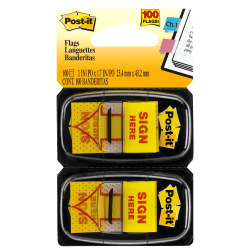 Post-it® Flags, 1 in. x 1.7 in., 2 Dispensers, 50 Flags/Dispenser, Yellow, Printed "Sign Here", School Supplies for Students, Flags for Textbooks