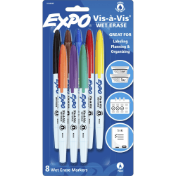EXPO® Vis-A-Vis Wet-Erase Markers, Fine Point, White Barrels, Assorted Ink Colors, Pack Of 8 Markers