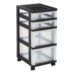 Office Depot® Brand Plastic 4-Drawer Storage Cart, 26 7/16" x 12 1/16" x 14 1/4", Black