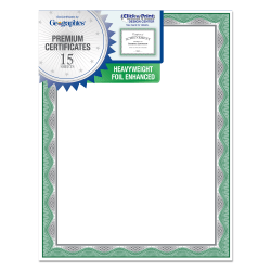 Geographics Heavyweight Foil Certificates, 8-1/2" x 11", Green With Silver Foil, Pack Of 15