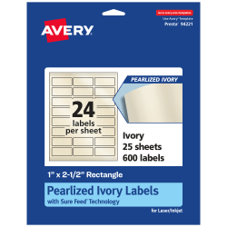 Avery® Pearlized Permanent Labels With Sure Feed®, 94221-PIP25, Rectangle, 1" x 2-1/2", Ivory, Pack Of 600 Labels