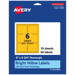 Avery® Print-To-The-Edge Labels With Sure Feed® Technology And Easy Peel® Label Feature, 94248-BYP10, Rectangle, 3" x 3-3/4", Matte Bright Yellow, Pack of 60