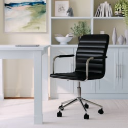 Martha Stewart Taytum Faux Leather Upholstered Mid-Back Executive Office Chair, Black/Polished Nickel