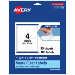 Avery® Permanent Labels With Sure Feed®, 94254-CMF25, Rectangle, 4-3/4" x 3-3/4", Matte Clear, Pack Of 100