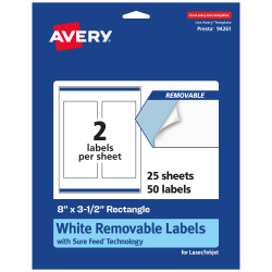 Avery® Removable Labels With Sure Feed®, 94261-RMP25, Rectangle, 8" x 3-1/2", White, Pack Of 50 Labels