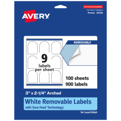 Avery® Removable Labels With Sure Feed®, 94126-RMP100, Arched, 3" x 2-1/4", White, Pack Of 900 Labels