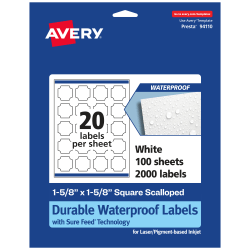 Avery® Waterproof Permanent Labels With Sure Feed®, 94110-WMF100, Square Scalloped, 1-5/8" x 1-5/8", White, Pack Of 2,000
