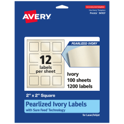 Avery® Pearlized Permanent Labels With Sure Feed®, 94107-PIP100, Square, 2" x 2", Ivory, Pack Of 1,200 Labels