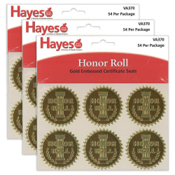 Hayes Publishing Gold Foil Embossed Seals, Honor Roll, 54 Per Pack, Set Of 3 Packs