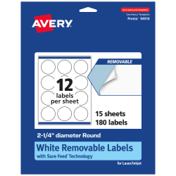 Avery® Removable Labels With Sure Feed®, 94510-RMP15, Round, 2-1/4" Diameter, White, Pack Of 180 Labels