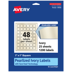 Avery® Pearlized Permanent Labels With Sure Feed®, 94103-PIP25, Square, 1" x 1", Ivory, Pack Of 1,200 Labels
