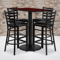 Flash Furniture Rectangular Laminate Table Set With 4 Ladder Back Metal Bar Stools, 42"H x 24"W x 42"D, Mahogany/Black