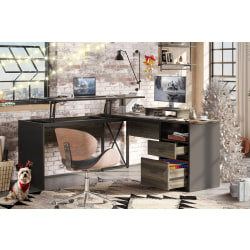 Bestier 56"W L-Shaped Standing Computer Desk With Drawers & Monitor Stand, Dark Retro Gray Oak