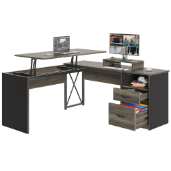 Bestier 56"W L-Shaped Standing Computer Desk With Drawers & Monitor Stand, Dark Retro Gray Oak