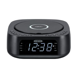 JENSEN Stereo Digital Dual-Alarm Clock With Top-Loading CD Player, FM Tuner, USB Charging Port And Battery Backup, 2.38"H x 7.32"W x 7.32"D, Black