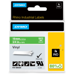 DYMO® Colored 3/4" Vinyl Label Tape, DYM1805420, Permanent Adhesive, 3/4"W x 18 ft Length, Vinyl, Thermal Transfer, White/Green