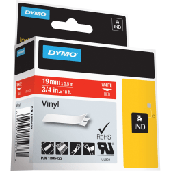 DYMO® Colored 3/4" Vinyl Label Tape, DYM1805422, Permanent Adhesive, 3/4"W x 18 3/64 ft Length, Rectangle, Thermal Transfer, Red/White