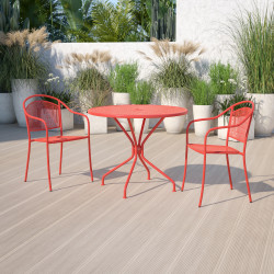 Flash Furniture Oia Commercial Grade 35-1/4" Round Indoor-Outdoor Steel Patio Table With Umbrella Hole, 28-3/4"H x 35-1/4"W x 35-1/4"D, Coral