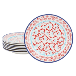 Gibson Home Village Vines Floral 8-Piece Fine Ceramic Dessert Plate Set, 7-7/16", Red/White