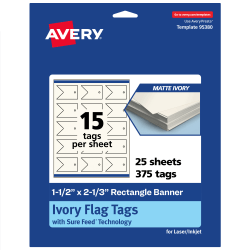 Avery® Print-To-The-Edge Flag Tags With Sure Feed® Technology, 1-1/2"x2-1/3" Rectangle Banner, Matte Ivory, Pack Of 375