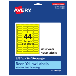 Avery® Print-To-The-Edge Labels With Sure Feed® Technology And Easy Peel® Label Feature, 94209-NYP40, Rectangle, 2/3" x 1-3/4", Matte Neon Yellow, Pack of 1760