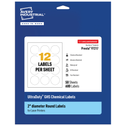 Avery® Ultra Duty® Permanent GHS Chemical Labels, 97217-WMU50, Round, 2" Diameter, White, Pack Of 600