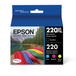 Epson® 220XL/220 DuraBrite® High-Yield Black And Cyan, Magenta, Yellow Ink Cartridges, Pack Of 4, T220XL-BCS