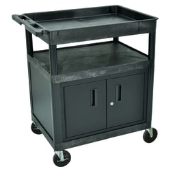 Luxor TC Series Utility Cart With Locking Cabinet, 3-Shelf, 39 1/2"H x 24"W x 32"D, Black