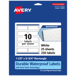 Avery® Waterproof Permanent Labels With Sure Feed®, 94205-WMF25, Rectangle, 1-1/2" x 3-3/4", White, Pack Of 250
