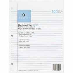 Sparco Notebook Filler Paper, 8-1/2" x 11", College Rule, White, Pack of 100 Sheets