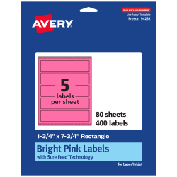 Avery® Print-To-The-Edge Labels With Sure Feed® Technology, 94232-BPP80, Rectangle, 1-3/4" x 7-3/4", Matte Bright Pink, Pack of 400